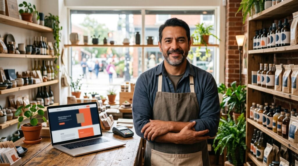 Dueño de negocio en su local con una página web propia en la laptop